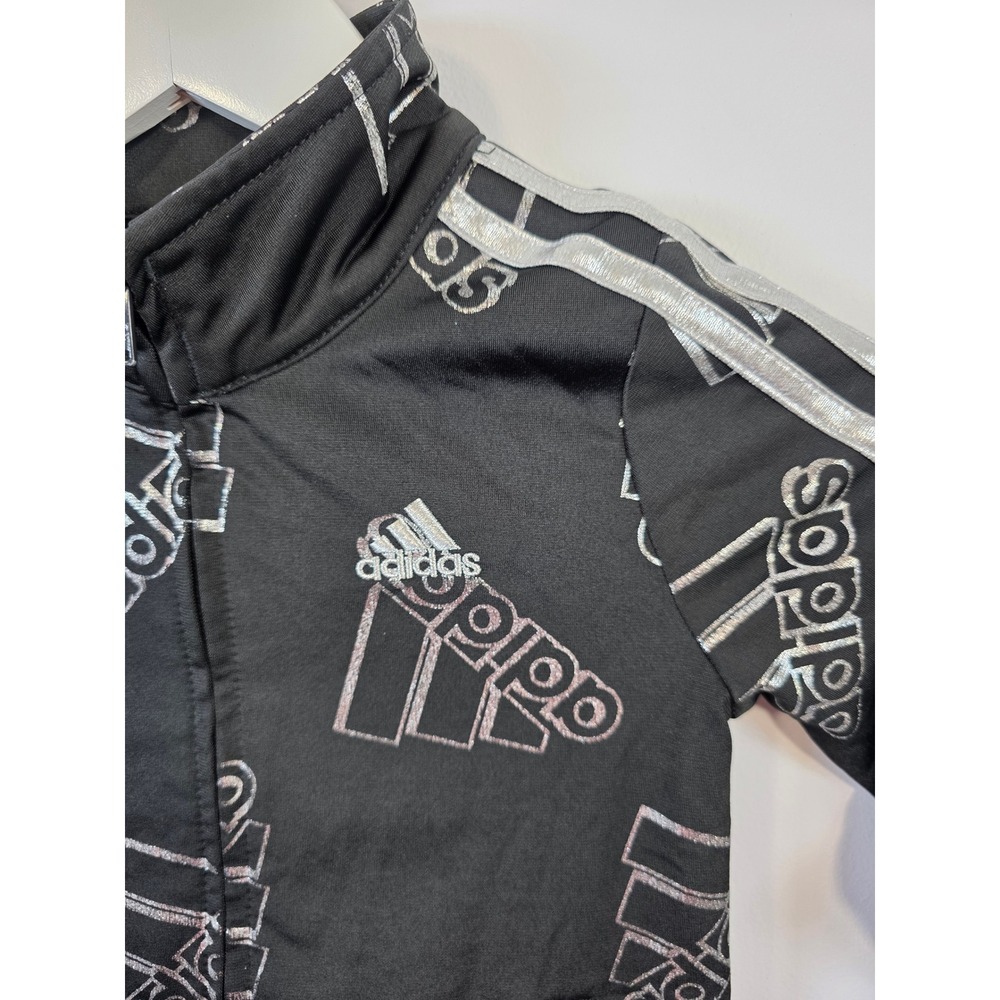 Adidas Tddler Girls 4 Black Silver Metallic All Over Logo Track Jacket Full Zip - Picture 2 of 7